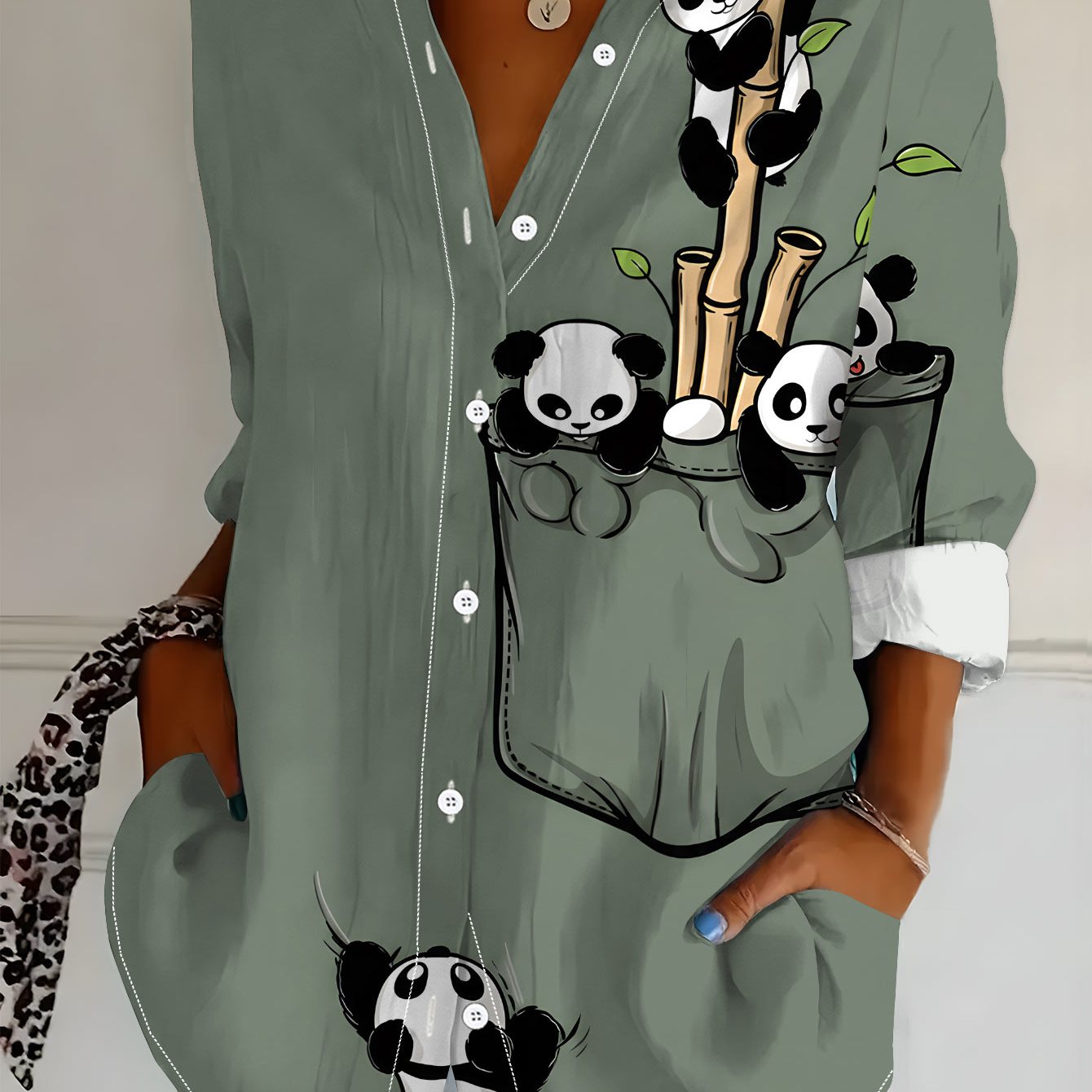 TEMU Plus Size, Plus Size Women's Long Sleeve Shirt, Cute Panda Style, Loose Fit Printed Shirt With Pocket Panda Element, Mid-length Women's Long