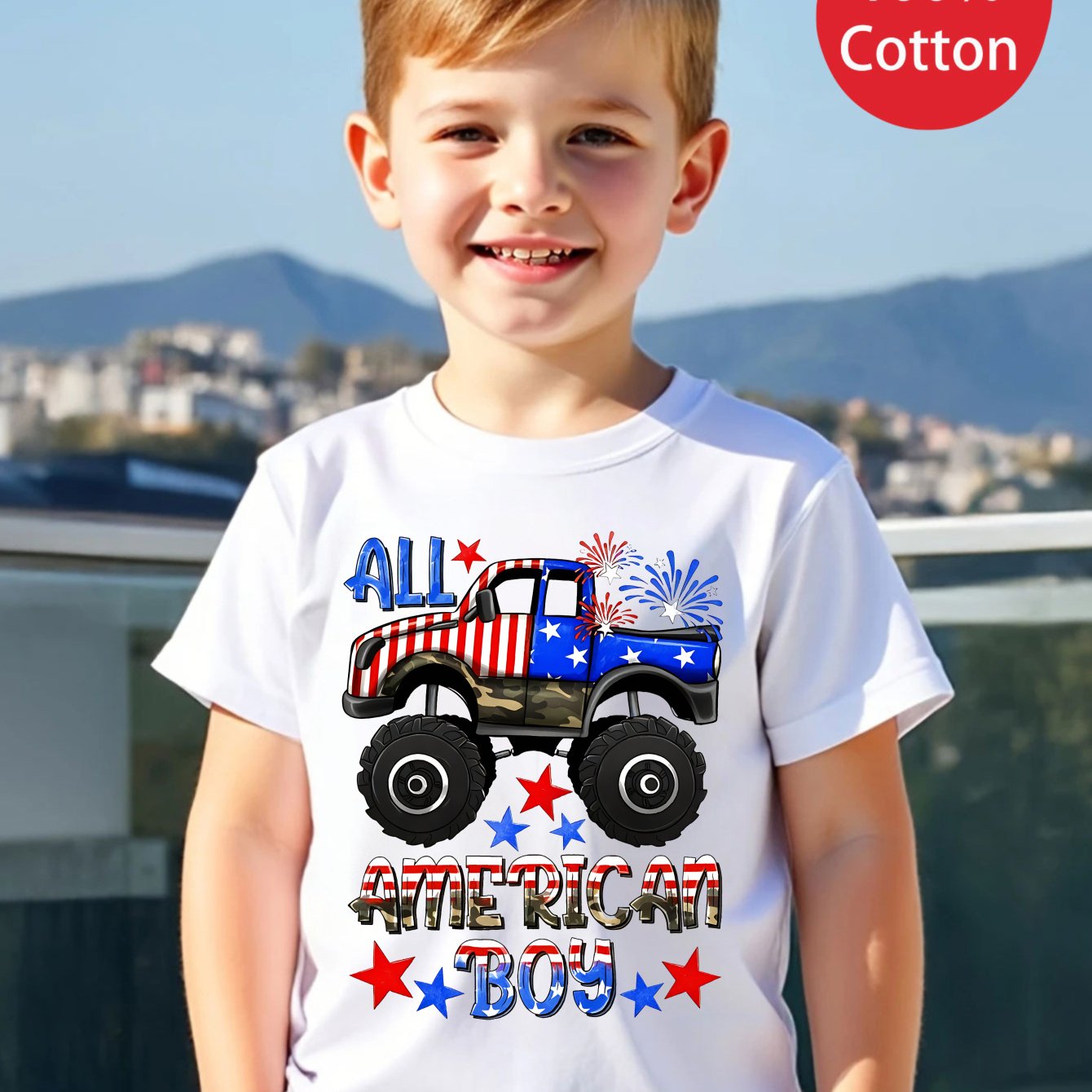 TEMU Day 1pc New Summer Boy All With Truck Design Short Sleeved 100% T-shirt Comfy Casual Tees For Girls
