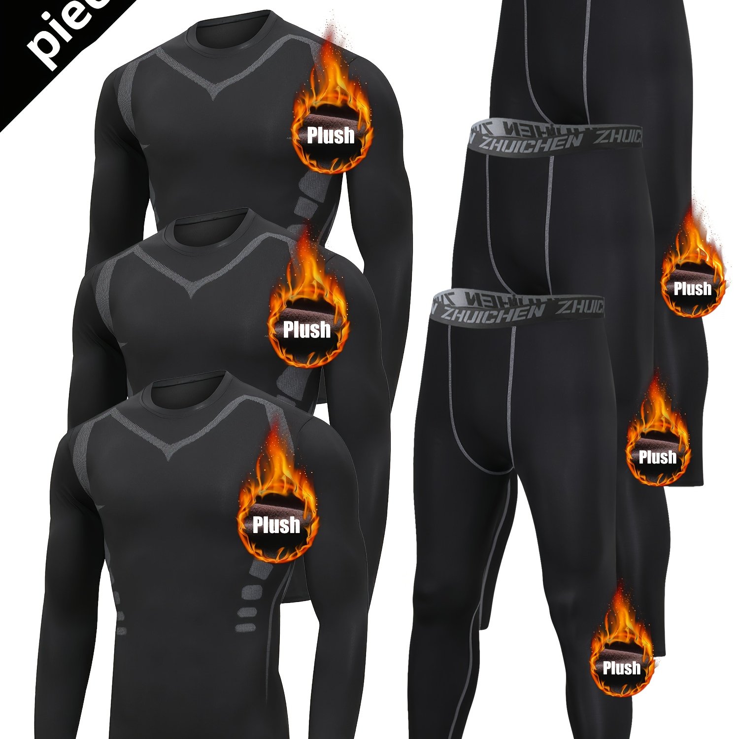 TEMU 6pcs Set Of Printed Fleece-lined Sportswear For Men: Warm Underwear, Running And Gym Outfit, Autumn-winter Training Gear With Fleece Lining For Morning And Night Runs