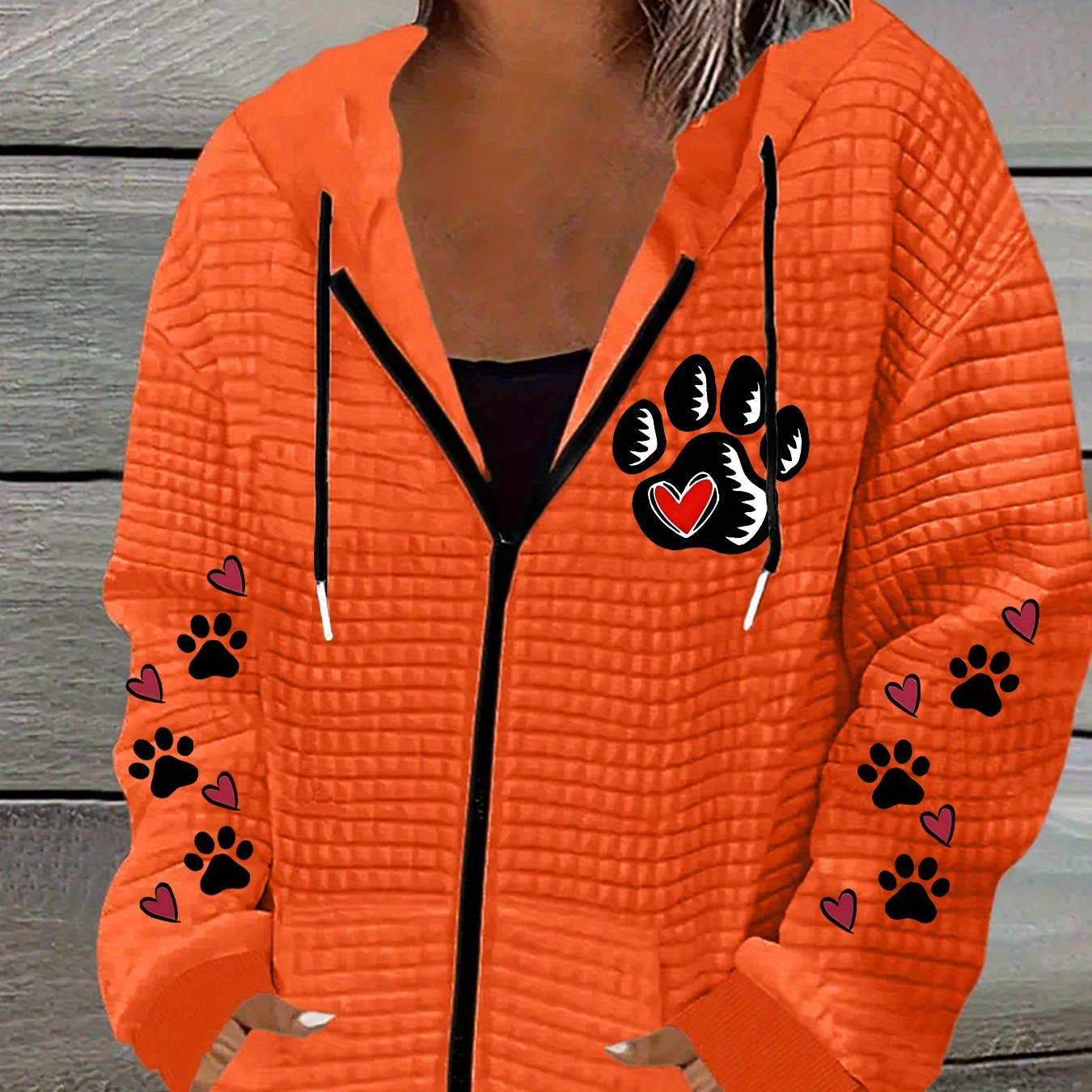 TEMU Plus Size, Dog Print - Plus Size Women's Fashion Printed Zip Hooded Jacket, Waffle Texture Skin-friendly Fabric