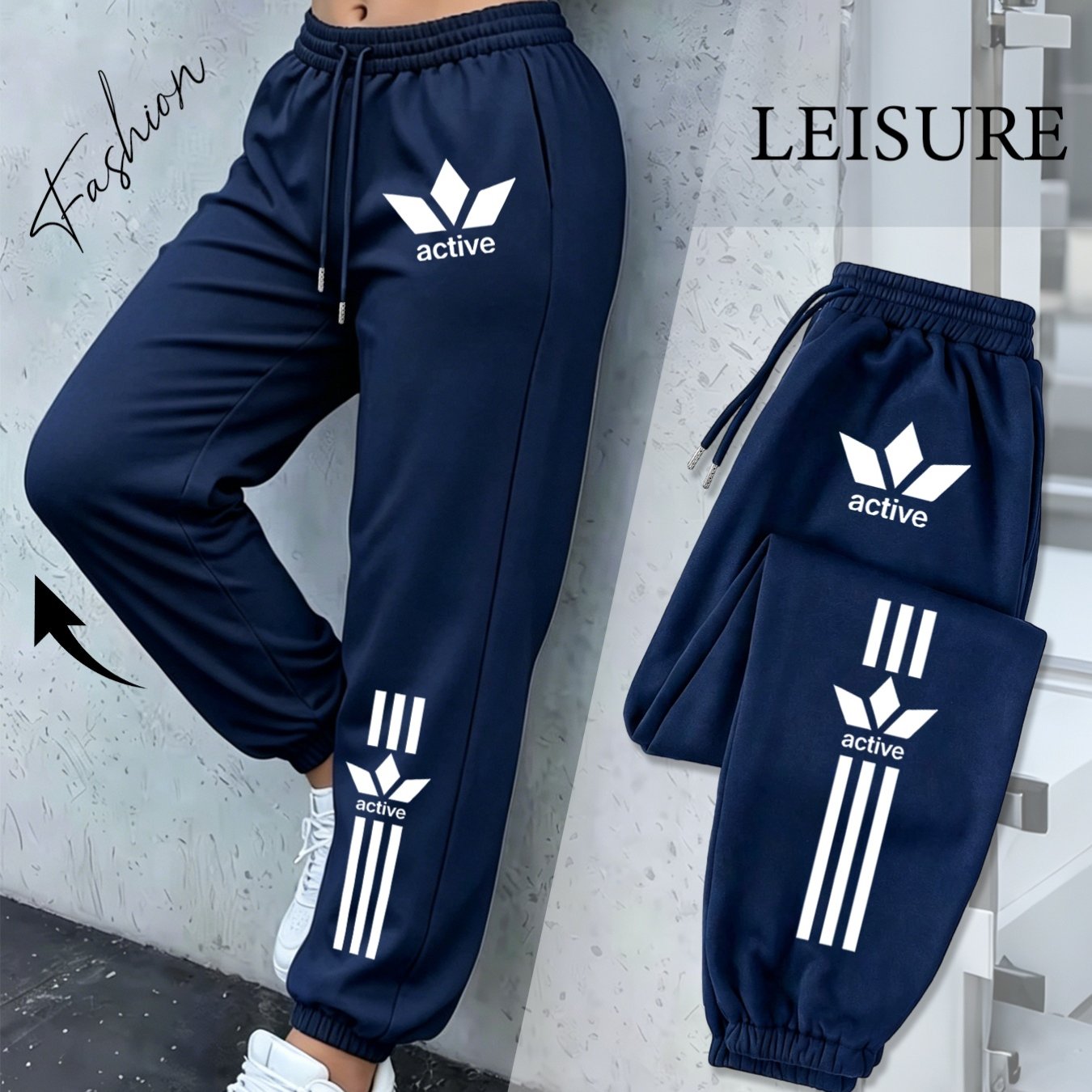 TEMU Solid Color Clover Print Jogger Sweatpants, Striped Long Pants, European And American Streetwear Style Casual Joggers