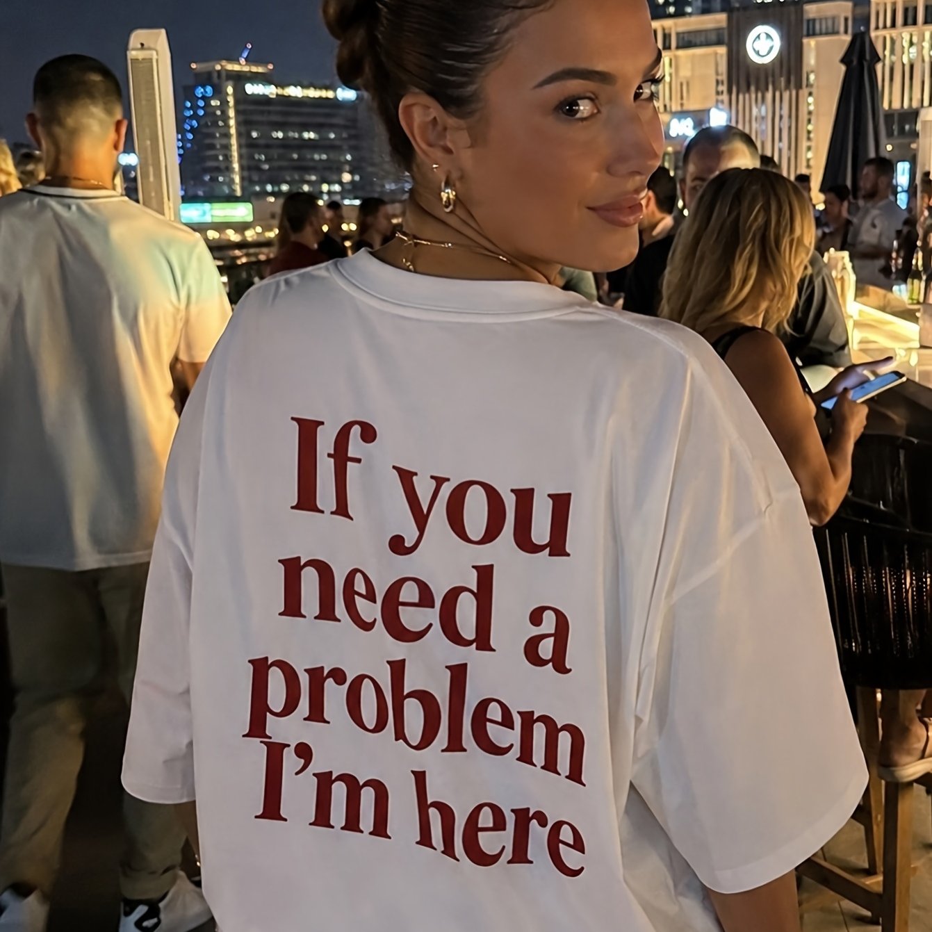 TEMU Need A Problem, . Graphic Print T-shirt, Casual Crew Neck Short Sleeve Top, In Multiple Colors And Sizes, Machine Washable, Simple Solid Color
