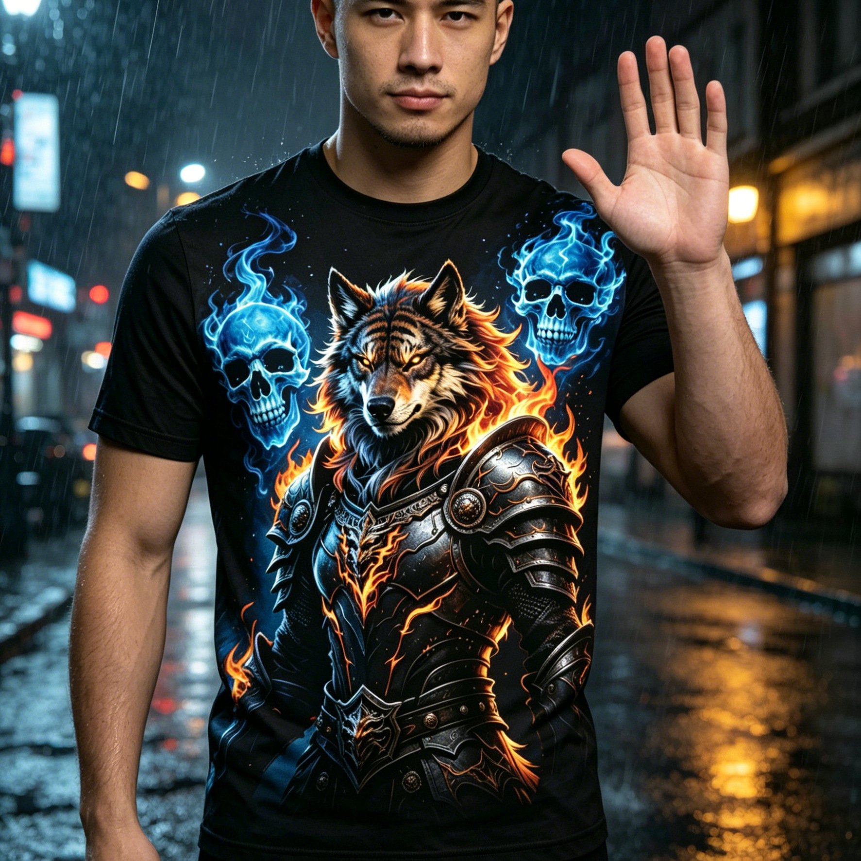 TEMU Print Design - Non-textured Men's Short Sleeve Shirt, Dark Style, Flame Armor Wolf Soul Print T-shirt, Suitable For Street Fashion, Plus Size