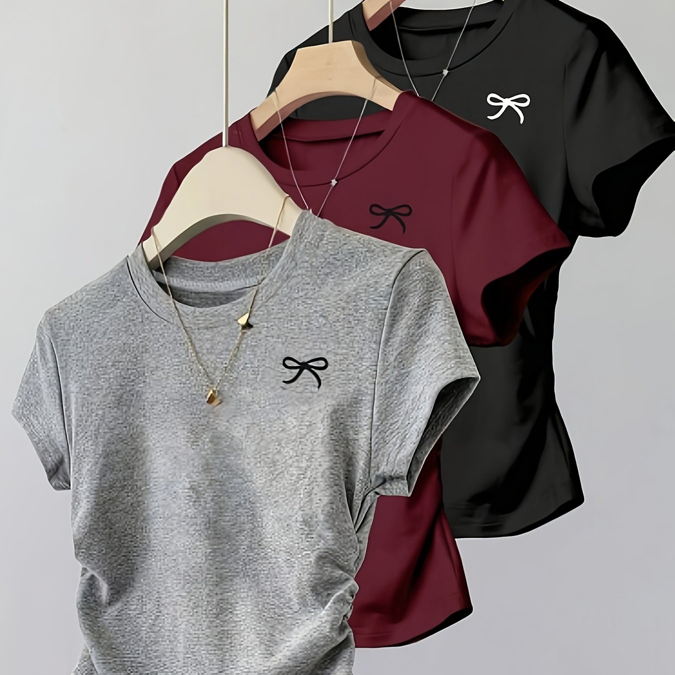 E-shop 3-teiliges Mädchen Kurzarm Schleifenmuster Mode Vielseitiges T-Shirt Set 3-teilig