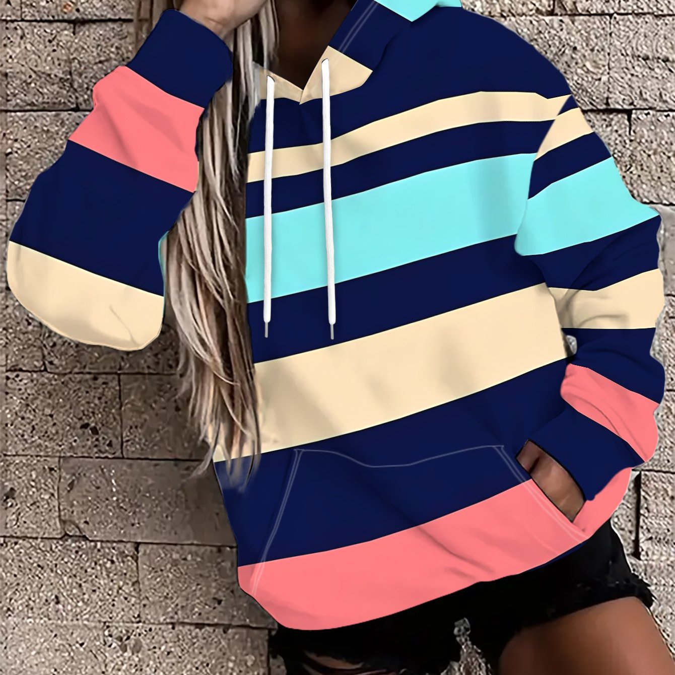 Image of Women's Hooded Sweatshirt Features Pink, Blue, And Beige Stripes On A Dark - Trendy And Simple, With And A