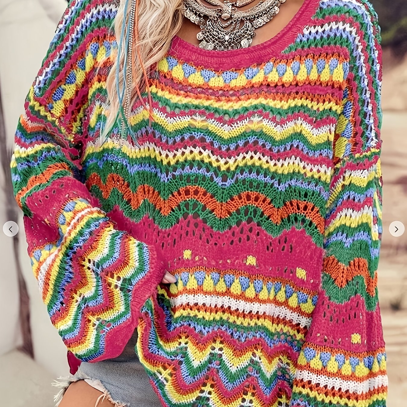TEMU Cat Ear Yy1210101 Loose Multicolor Hollow Long Sleeve Sweater