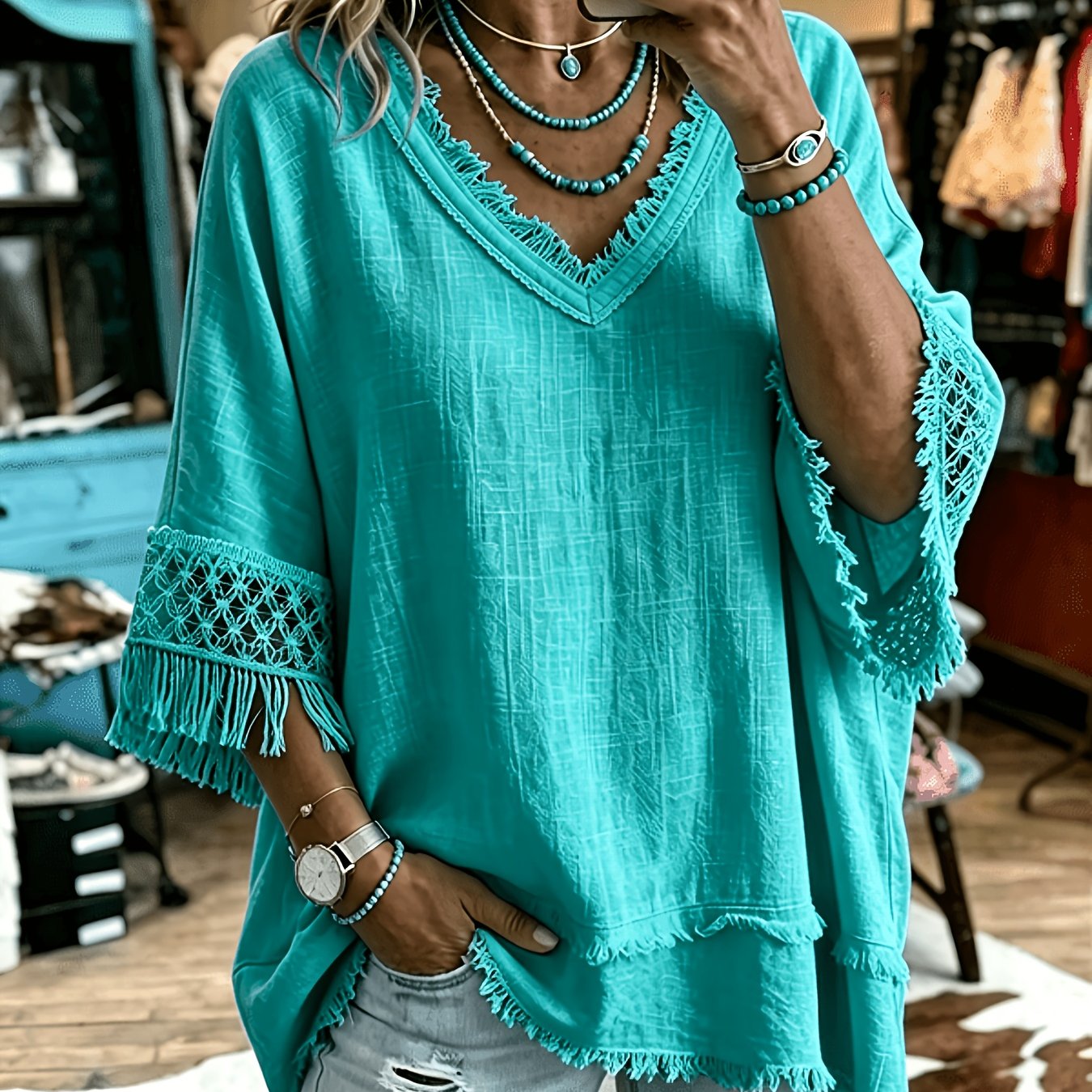 TEMU Plus Size, Women's Bohemian Style V-neck Fringed Long Cover-up With Three-quarter Flared Sleeves, Openwork Crochet Lace, Loose Fit, Casual White