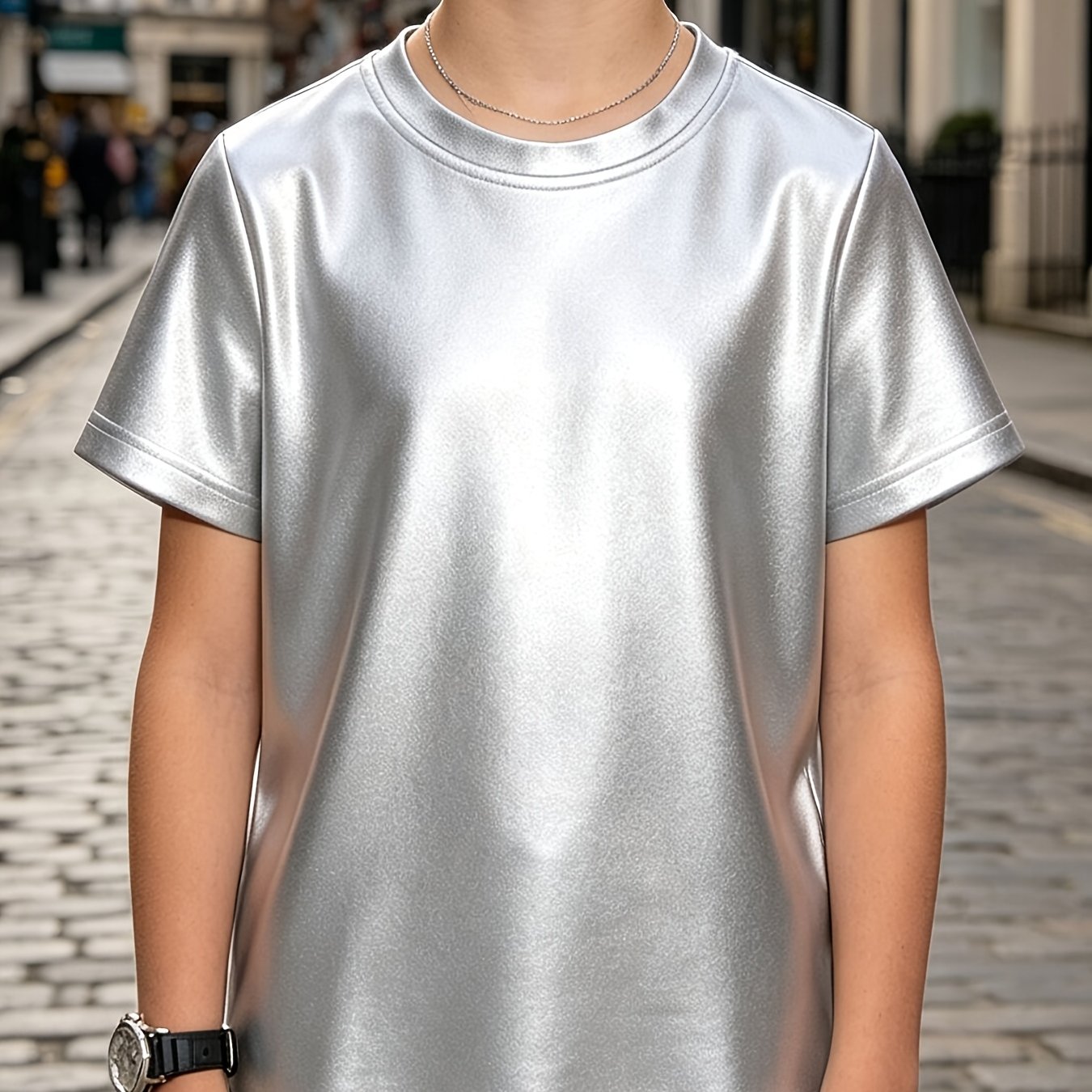 TEMU Niche Design Glossy Short-sleeve Boys' Outerwear For , Trendy Casual Top
