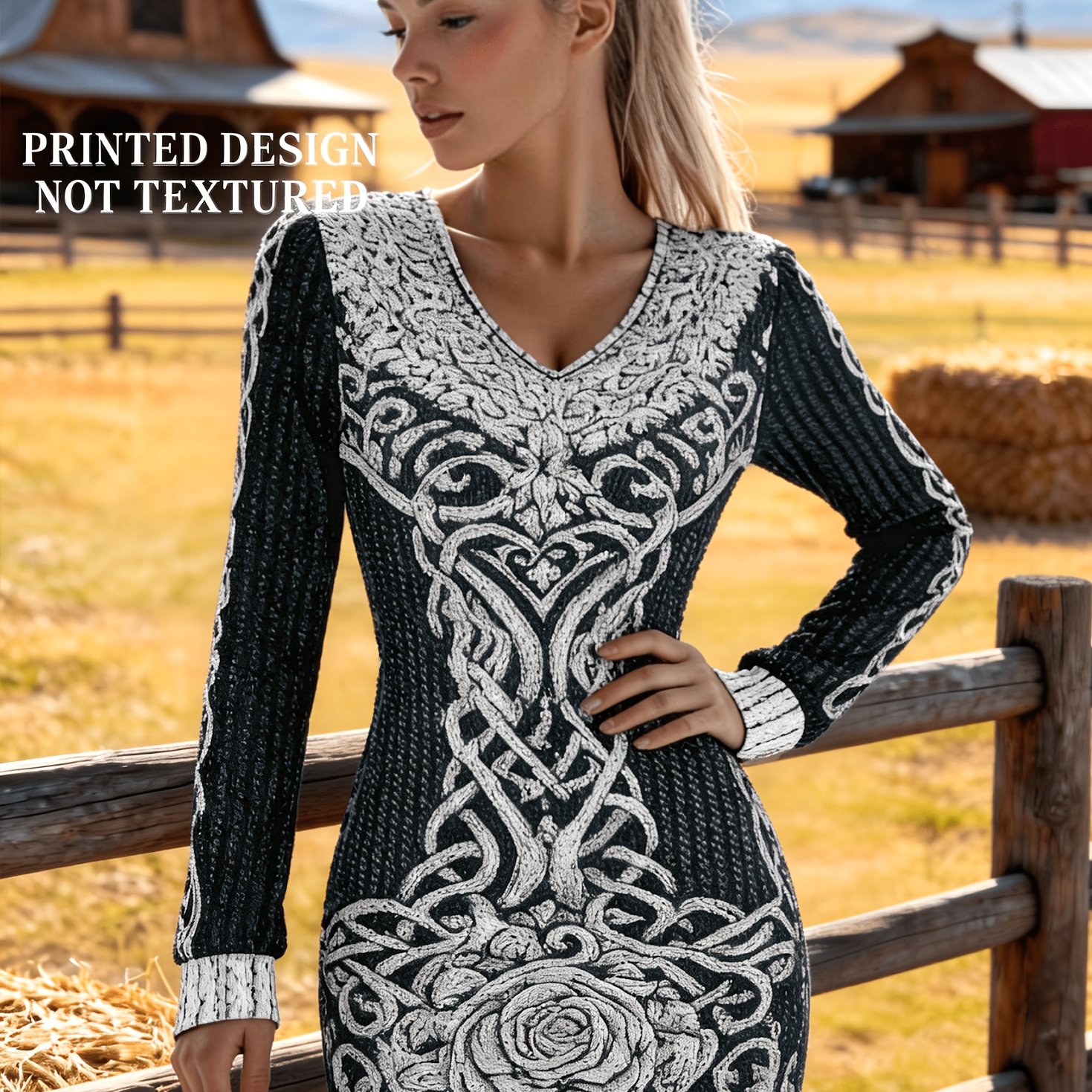 E-shop Gedrucktes Design – Nicht strukturiert – Damenmodisches -Ausschnitt Wikinger- Druckmuster Elegantes Tailliertes Kleid