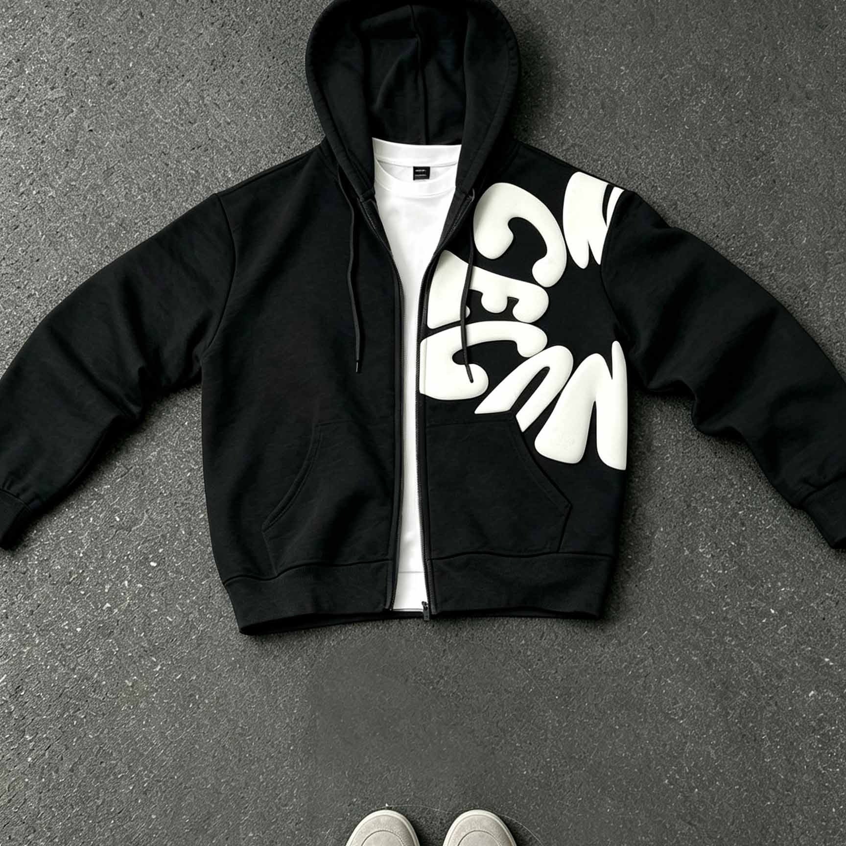 TEMU Men's Oversized Full Zip Hoodie, 3d Bubble Letter Graphic Hooded Sweatshirt With Drawstring And Front Pockets, Soft Fleece Loose Streetwear Zip