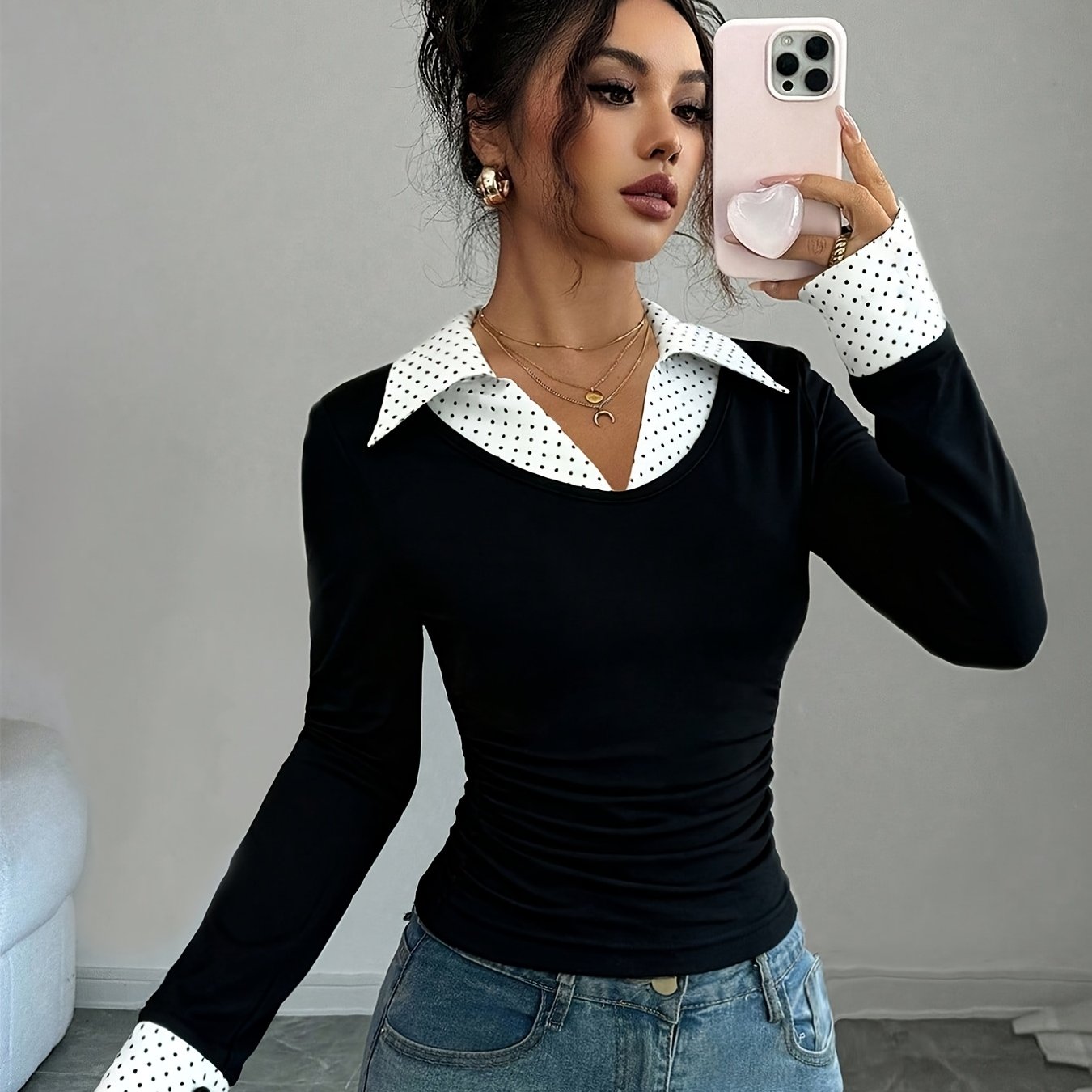 TEMU Chemise à volants à haute élasticité pour femme - Haut à manches longues à noirs et , lavable en machine, convient pour , les fêtes, , les , la