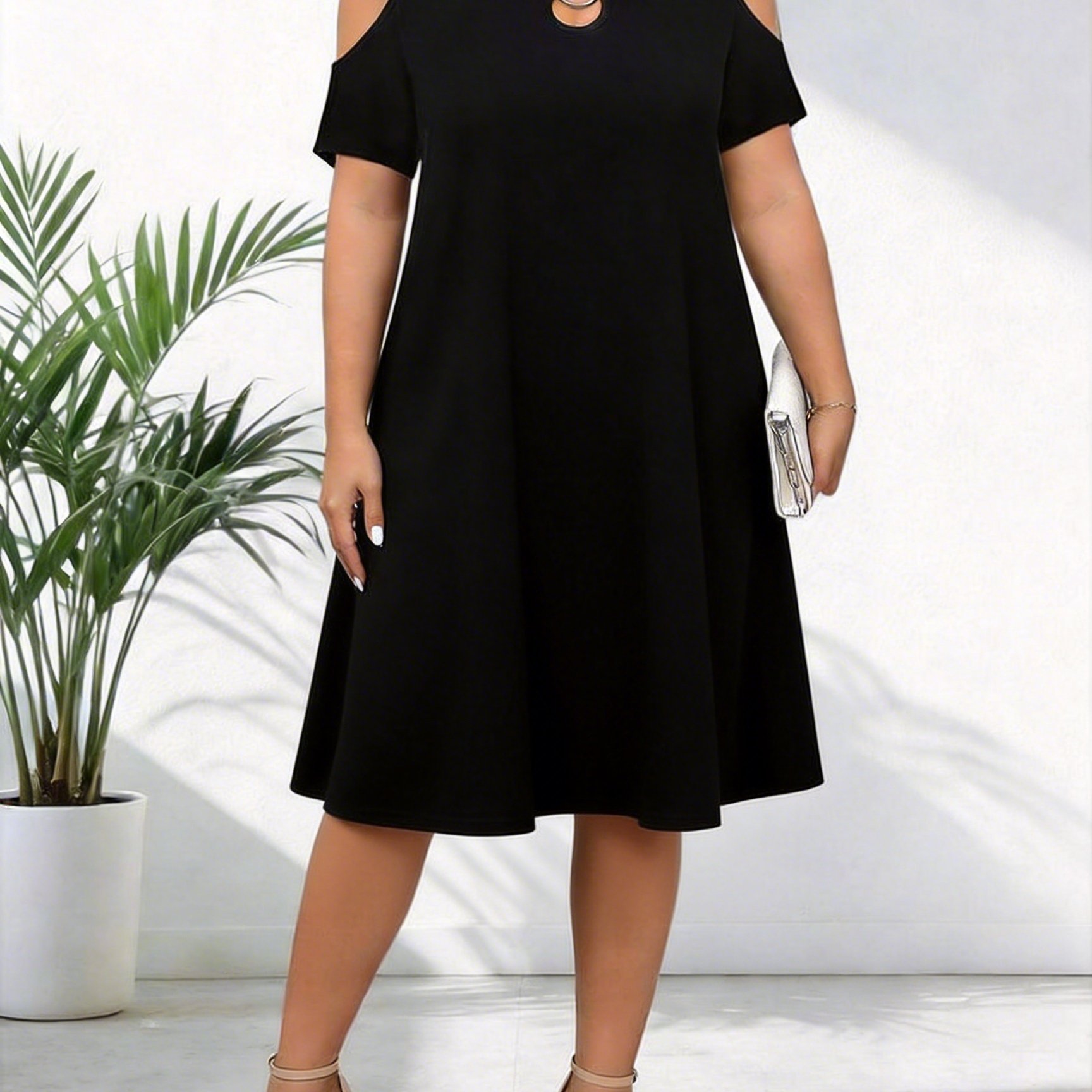 TEMU Plus Size - Plus Size - And Summer Collection, A Stylish And Elegant Solid Color Round-neck Off-shoulder Dress For Women, Made From Comfortable