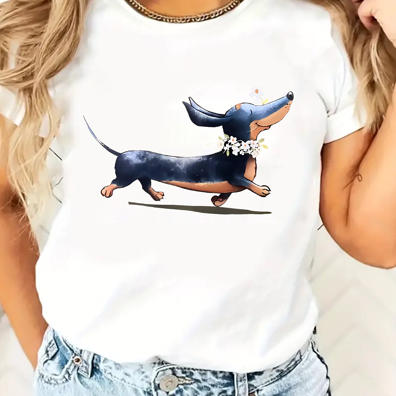 TEMU Women's Cute Dachshund & Daisy Graphic T-shirt - Soft Stretchy Casual Short Sleeve Top, White With Blue , Machine Washable, Perfect For Casual