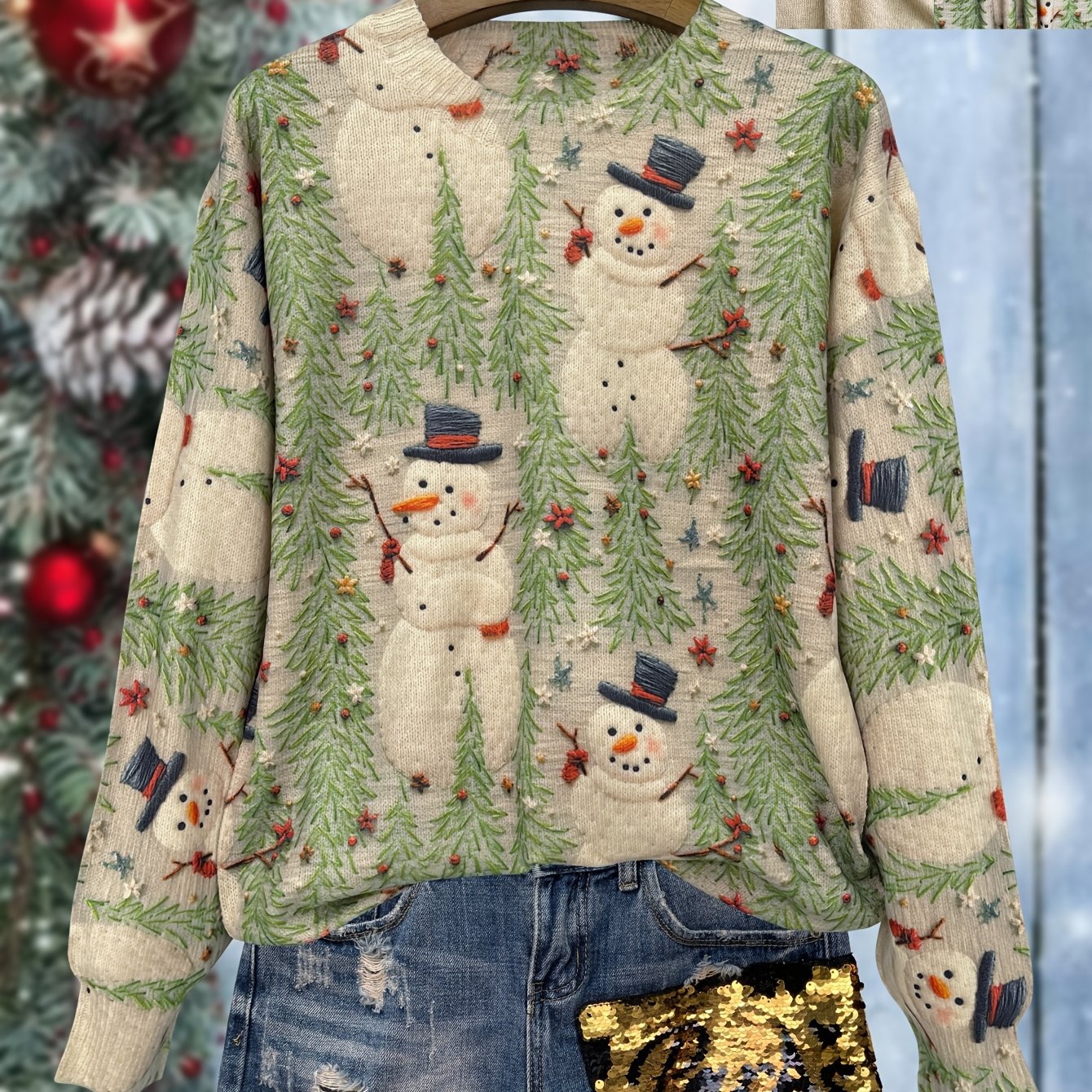 TEMU [printed Design - Not Textured] [ Print] [thin] [sweater] Print Christmas Snowman Pattern Thin, Casual Crew Neck Long Sleeve Sweater, Women's