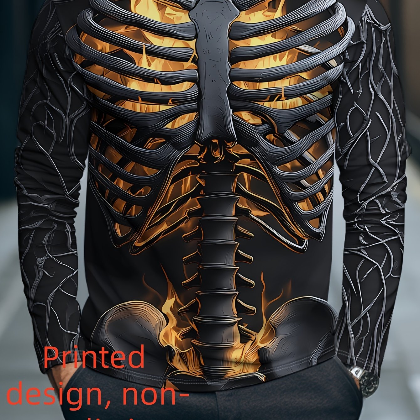 TEMU [print Design, Non-real Texture] 2025 's Long Sleeve T-shirt Individual Flame Skeleton Loose Regular Style Polyester Fiber Comfortable Trendy