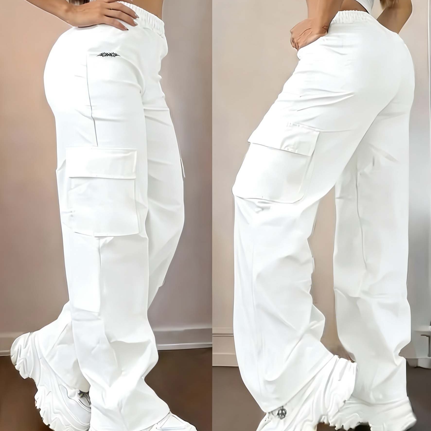 TEMU D355 Spicy Style Women's Cargo Pants, High-waisted Wide-leg Casual Trousers, Patterned Print Versatile Street Style Long Pants, Fashionable