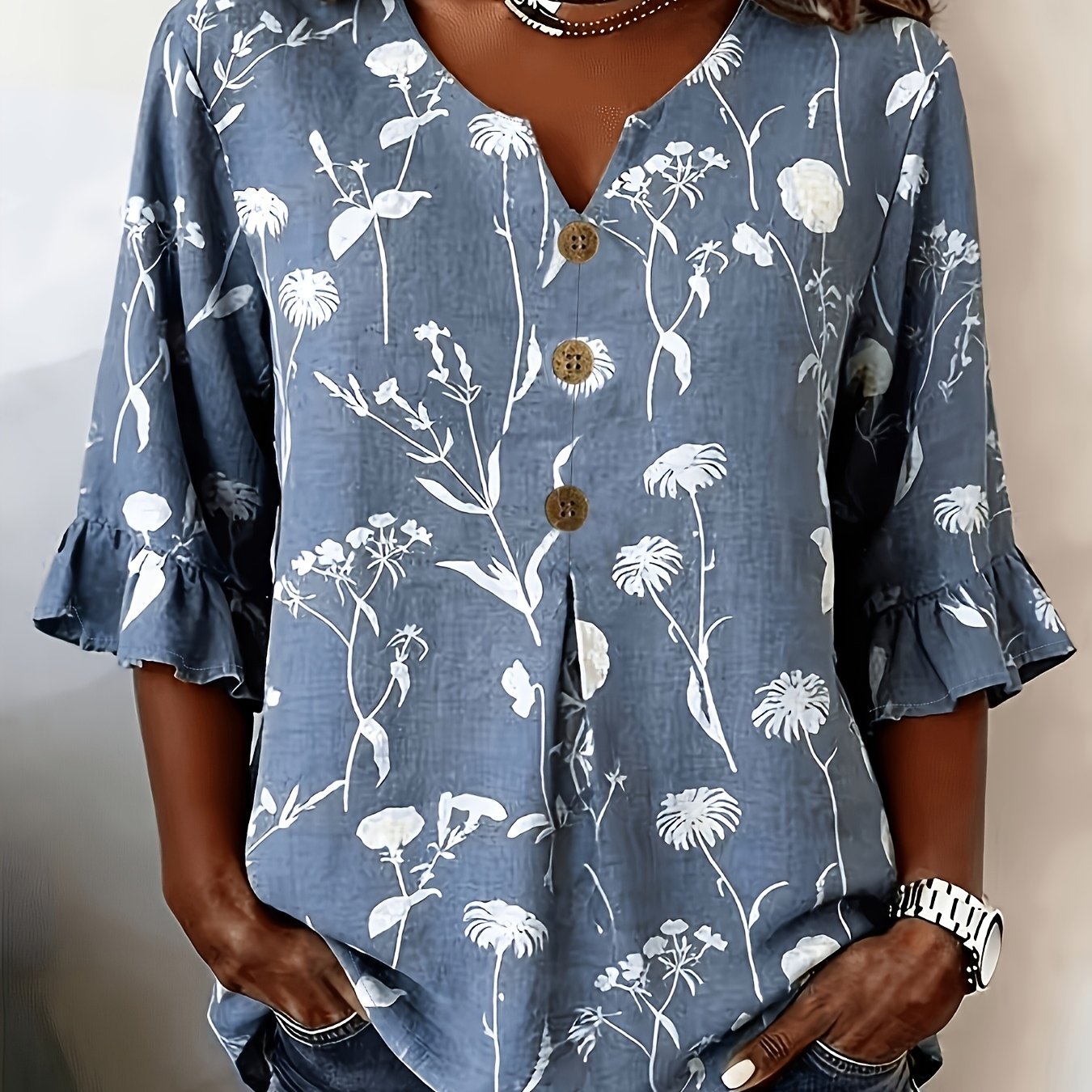 TEMU Plus Size Women's Gray Floral Print Blouse Three-quarter Sleeve Shirt Spring Summer Casual Loose Versatile Top