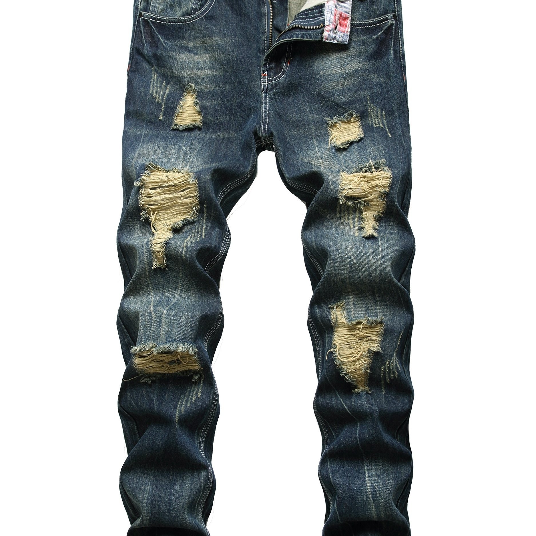 TEMU Men's Distressed Slim Fit Denim Jeans - Black With Blue And Yellow Rips, Cotton/polyester , Machine Washable, Wear