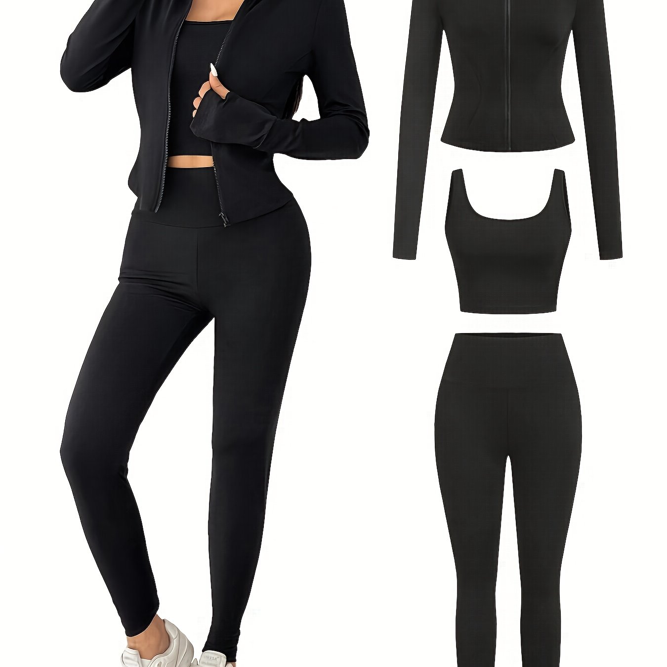 TEMU 3pcs New Women's Casual Sports Set With Zipper Thumbhole Long Sleeve Jacket, Sports Vest, And High-waist Tight Elastic Long Pants For Workout,