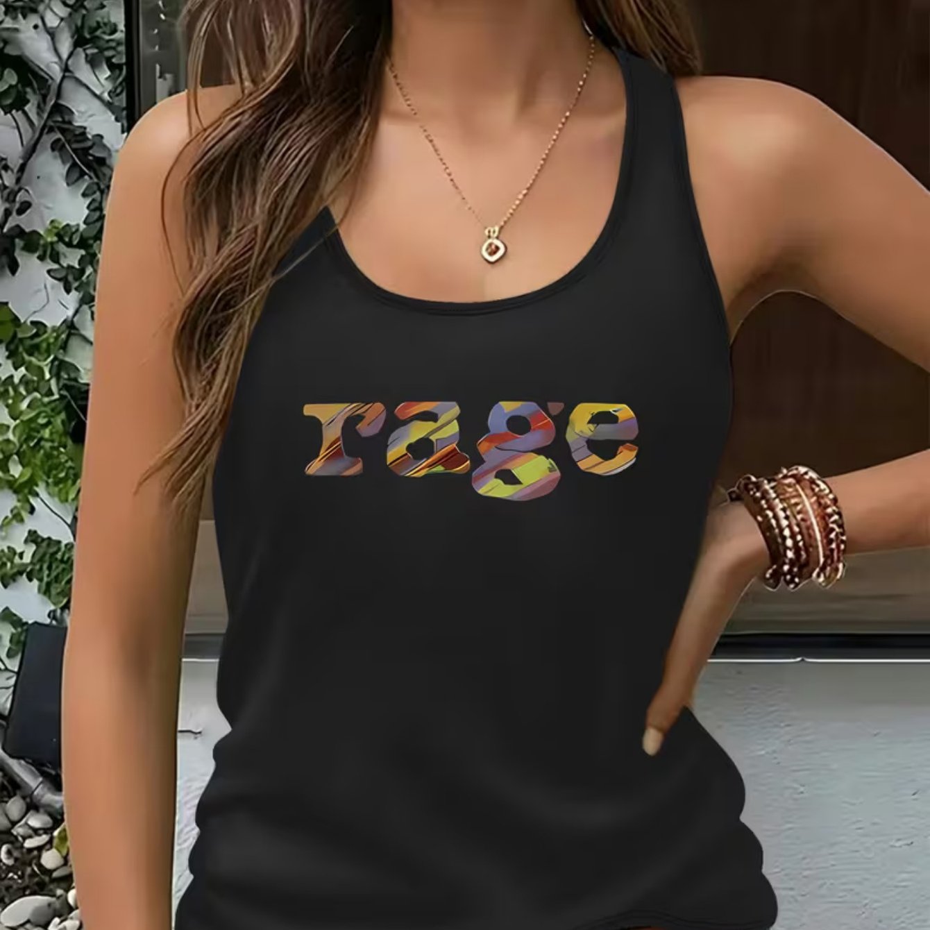 TEMU Women's Retro "rage" Graphic Tank Top - Sleeveless Crewneck Vest With Text Print, Opaque Non-sheer Streetwear Shirt Suitable For Spring/summer,