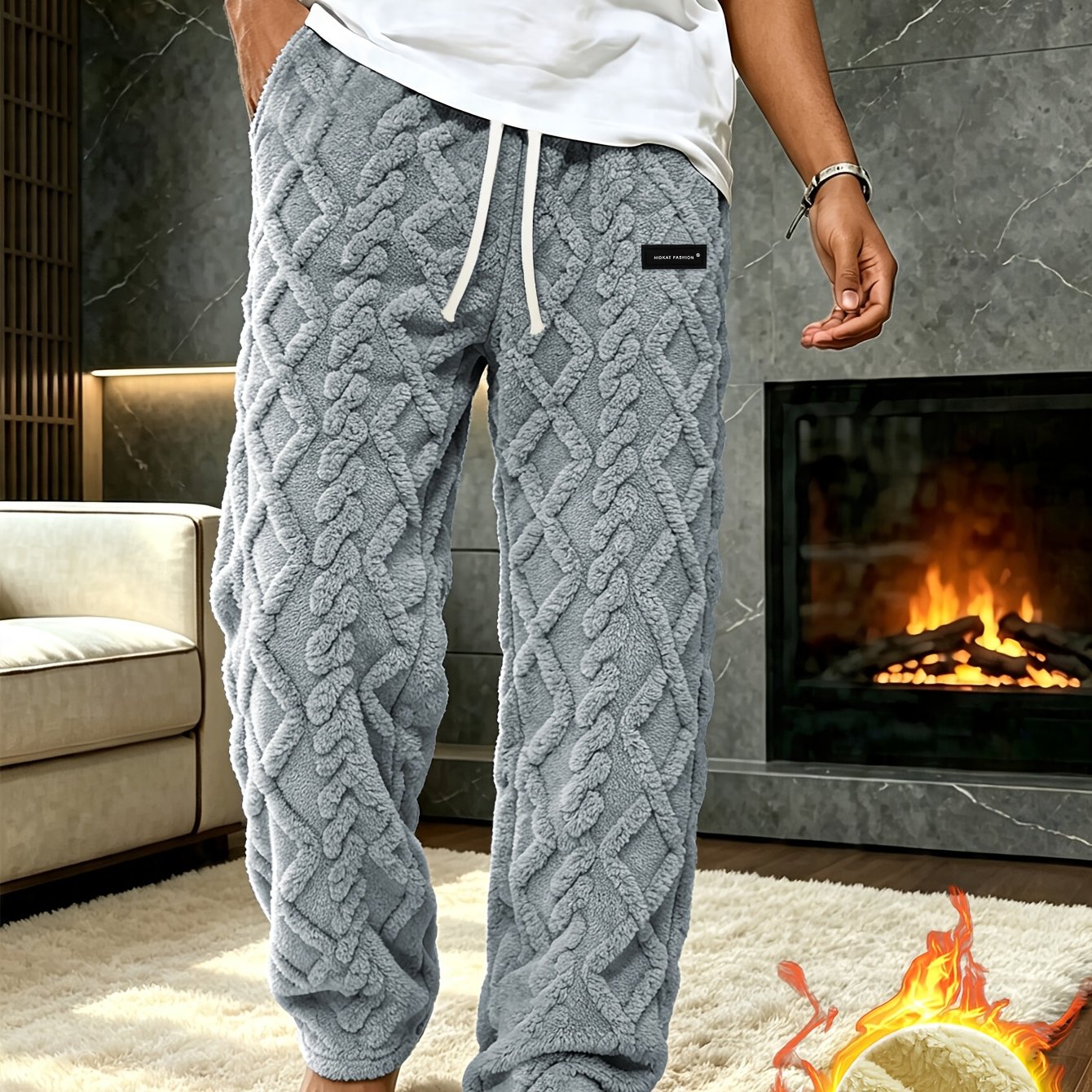 TEMU Men's Autumn/winter -lined Thickened Trousers, Jacquard Fabric, Mid-waist With Elastic Waistband And Drawstring, Soft, Comfortable, Cold-proof,