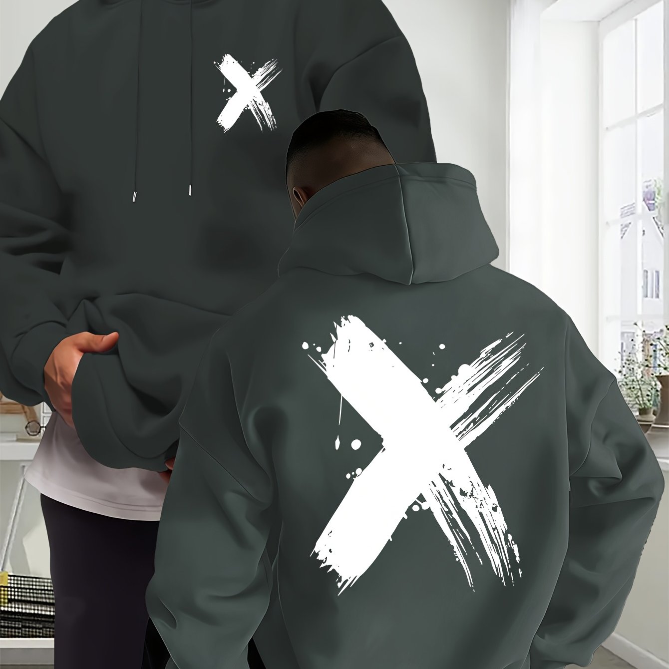 TEMU Men's Autumn Winter Hoodie, Casual Daily Drawstring Printed Sweatshirt With Front Kangaroo Pocket Unisex Top
