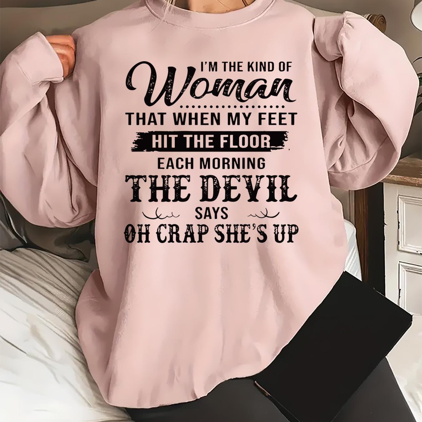 TEMU Women's Casual Crew Neck Sweatshirt, 100% Polyester Knit Fabric, Geometric-patterned, Fashion, 250g/mÂ² Weight, "i'm Of Woman" Quote Print