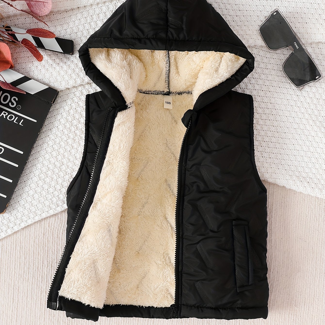 TEMU Veste gilet à capuche épaisse et doublée noire pour garçon, automne/hiver, et chaude, polyvalente à fermeture éclair pour un usage en extérieur,