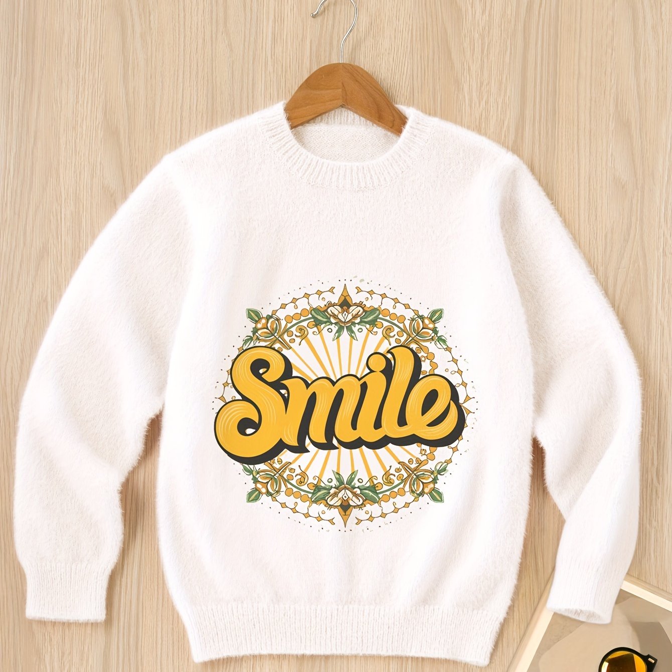 boys girls trendy knitwear smile graphic solid crew neck knit sweater cute style soft jumper top pullover