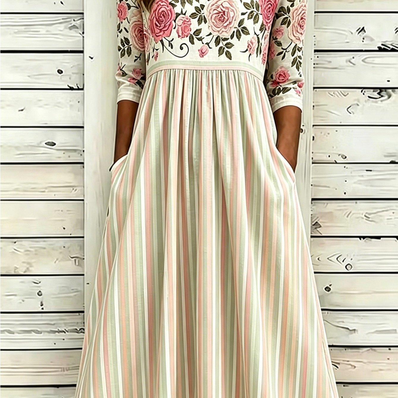 Image of Plus Size, Striped Floral Print Dress For Women, Round Neck 3/4 Sleeve Casual Maxi Dress, Loose Pleated Waist Swing Dress, Stripe & Rose A-line Midi Dress With Pockets For Boho Style