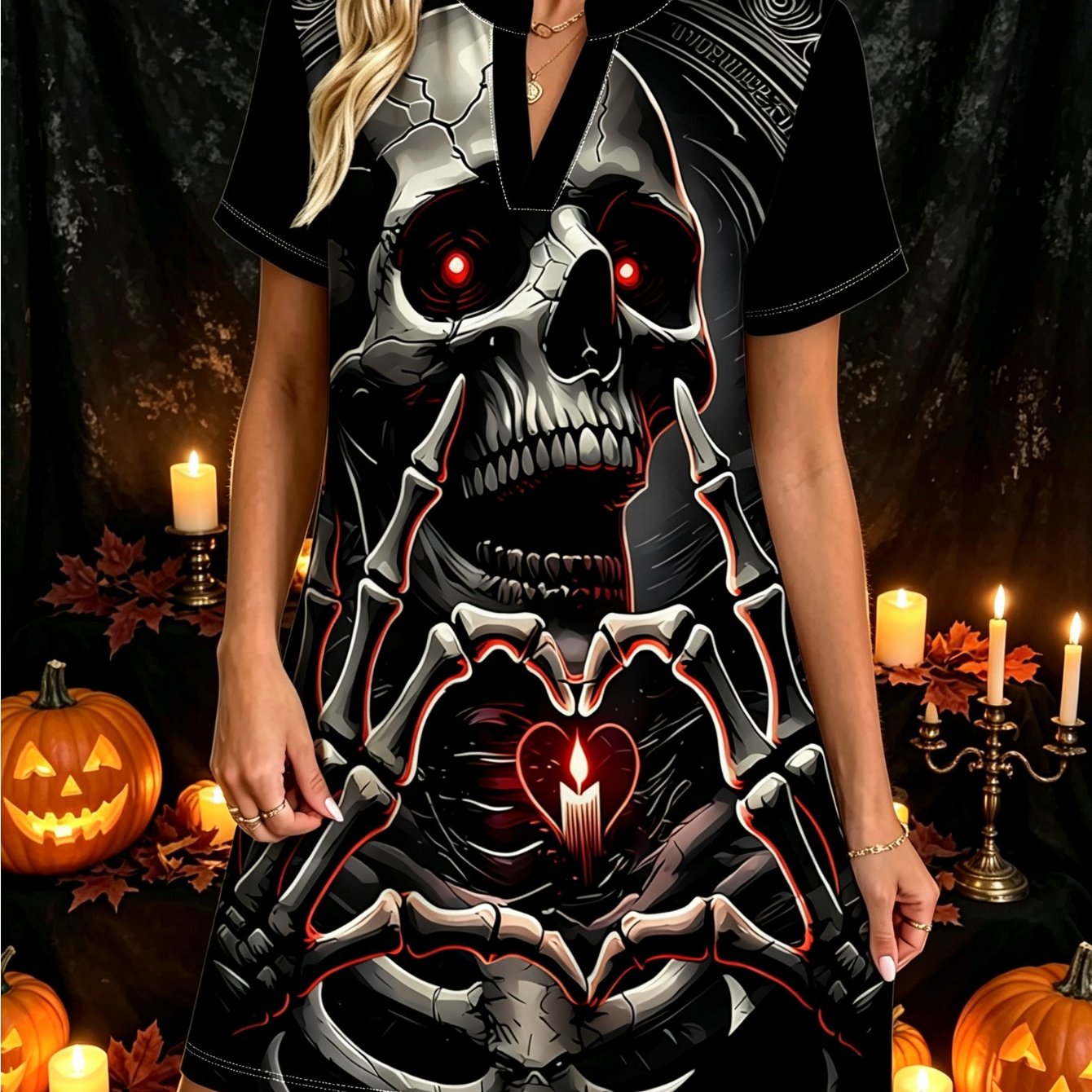 TEMU New European And Women's Fashion Casual Dress, Spring/summer Skull Hand Heart Candle Dress, Daily Casual Comfortable Dress, Trendy And Versatile