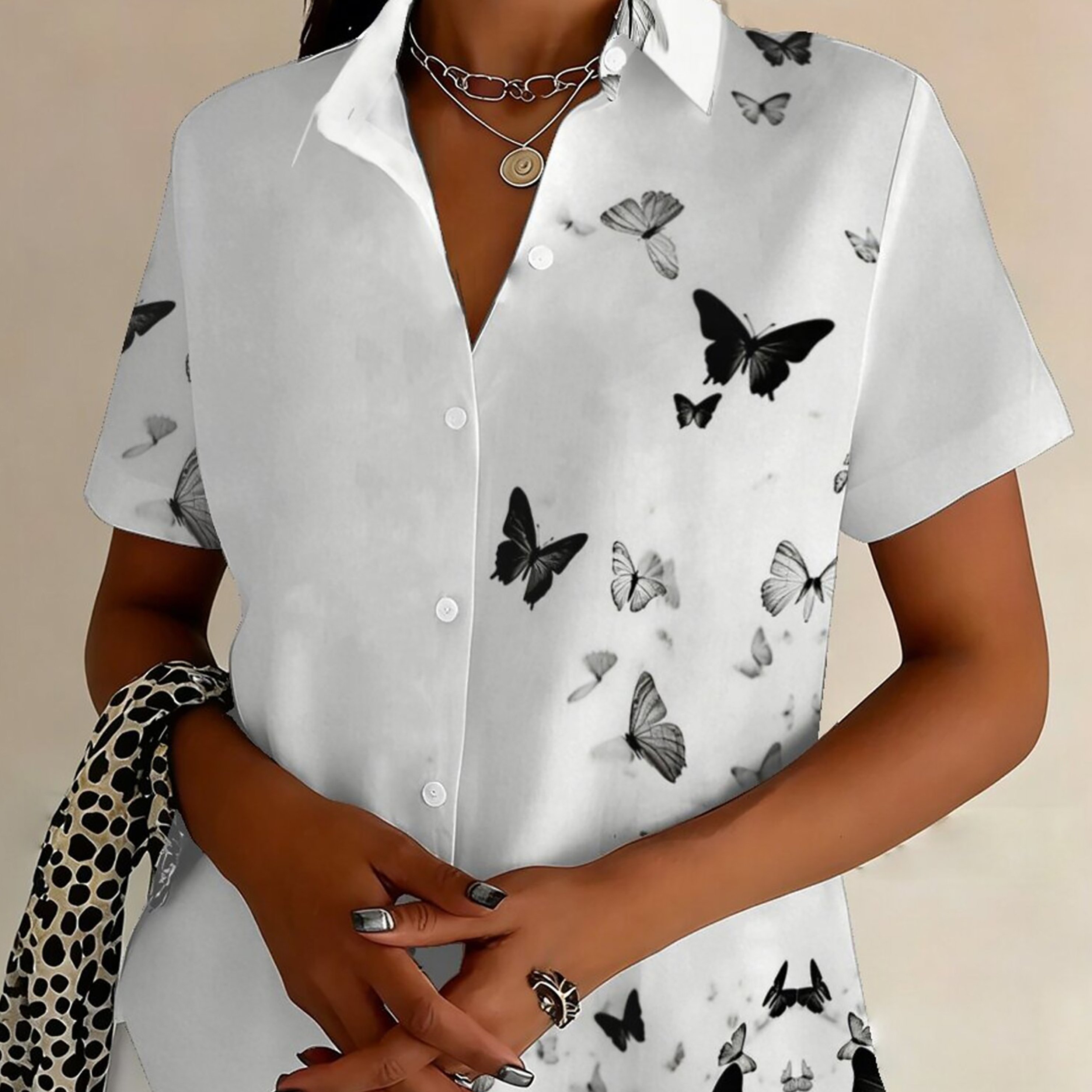 TEMU Plus Size, Women's Size Short Sleeve Button- Shirt With Print Lapel Collar - Casual Summer Blouse, - For Office & Casual Attire, Short Sleeve