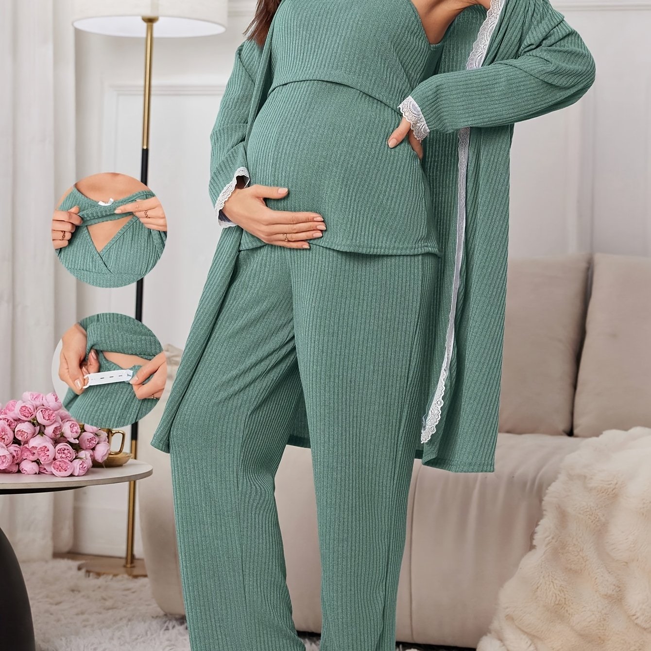 Image of 778578# Maternity And Nursing 3pcs Pajama Set In Soft, Tones, With A Bow On For Added . The 3pcs Set Includes A Cardigan Jacket With Delicate Lace Trim And Nursing Pants
