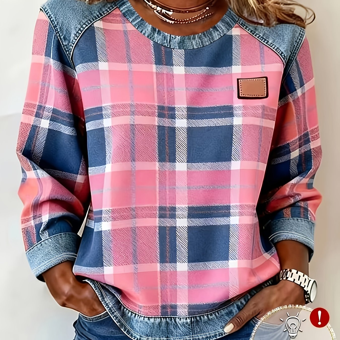 Directional Development Western Women's New Checkered Printed Round Neck Long Sleeve T-shirt