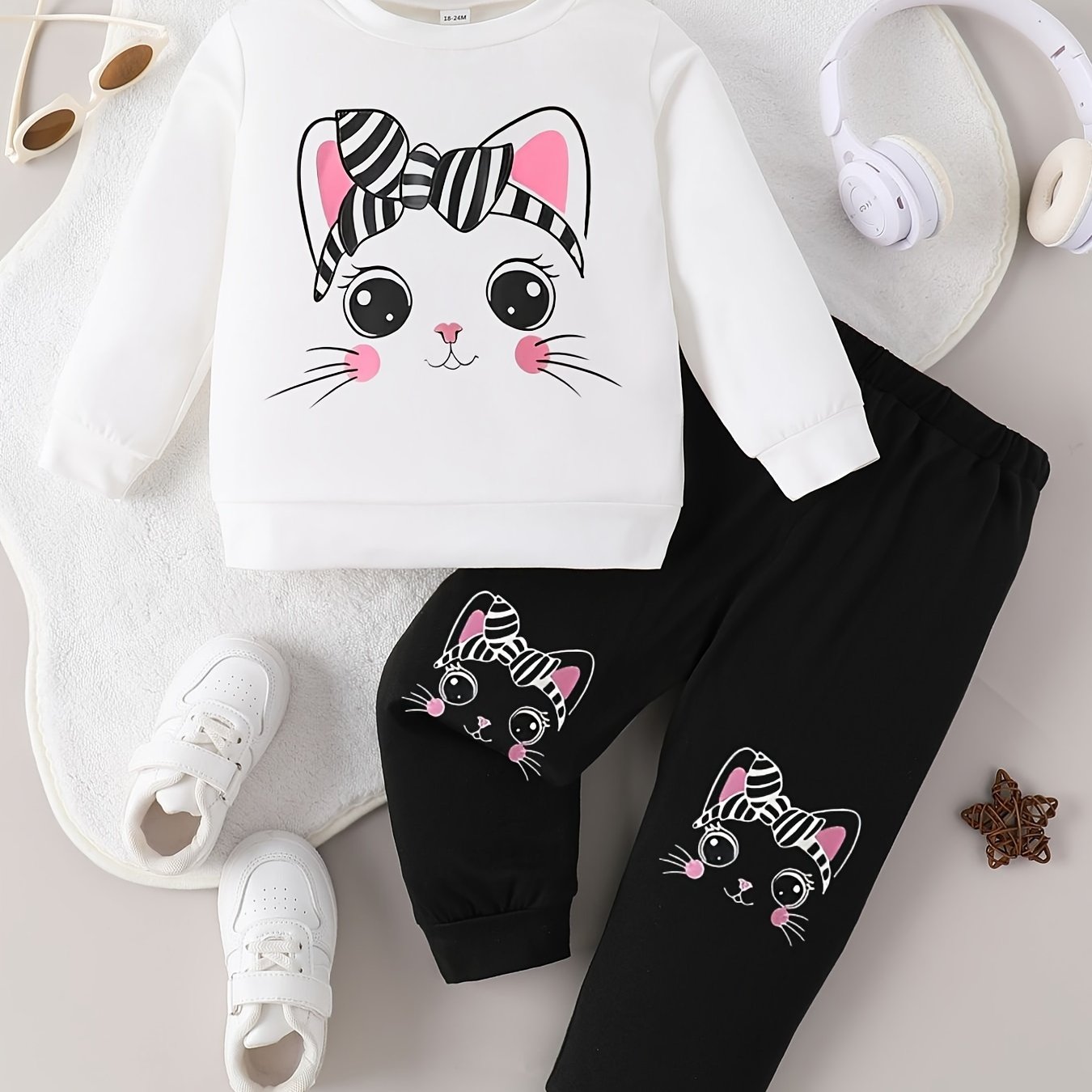 Spring/autumn Style Infant & Toddler Girl's Round Neck Cartoon Print Long Sleeve Top With Solid Color Pants, Cute 2pcs Set, Development, Perfect For Outdoor