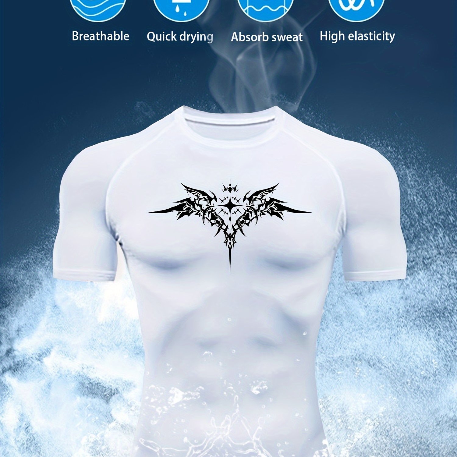 TEMU Men's Breathable Compression T-shirt - Quick-dry, Sweat, High Elasticity, Short Sleeve, Round Neck, Ideal For Gym, Sports, And Outdoor