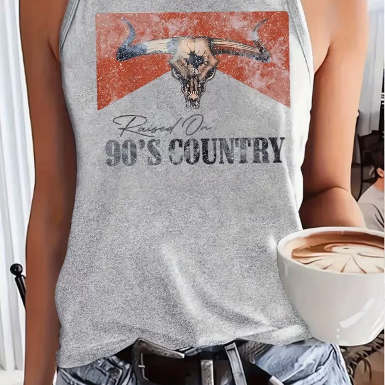 TEMU Débardeur Rétro Années 90 pour Femme avec Imprimé Tête de Vache et Crâne - T-shirt Manches Graphique Musique Country Western, Gilet Gris à Col