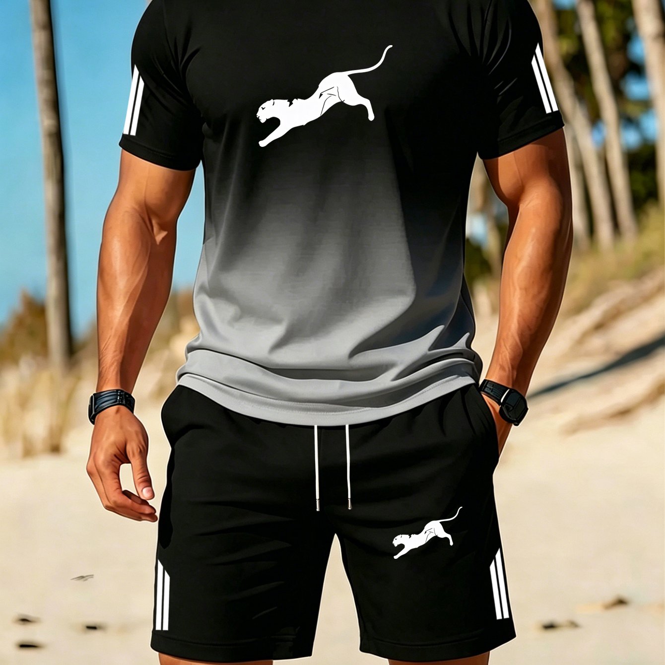 TEMU 2026 Summer 's Casual Sportswear Set, Gradient Color Block T-shirt   Elastic Drawstring Shorts, Street Style Print 2pcs Set, Daily Fitness Beach