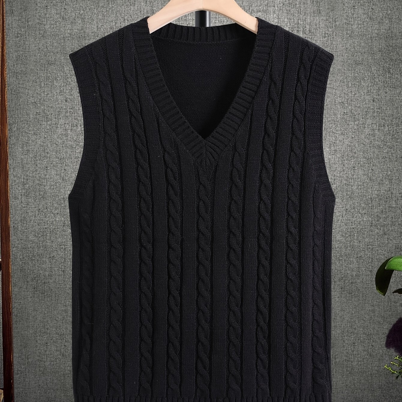 Image of Men's Pullover Sweater, Lightweight Acrylic Fabric, V-neck Men's Knit Black Sweater Vest, Winter Casual Knit Top, Autumn Essentials