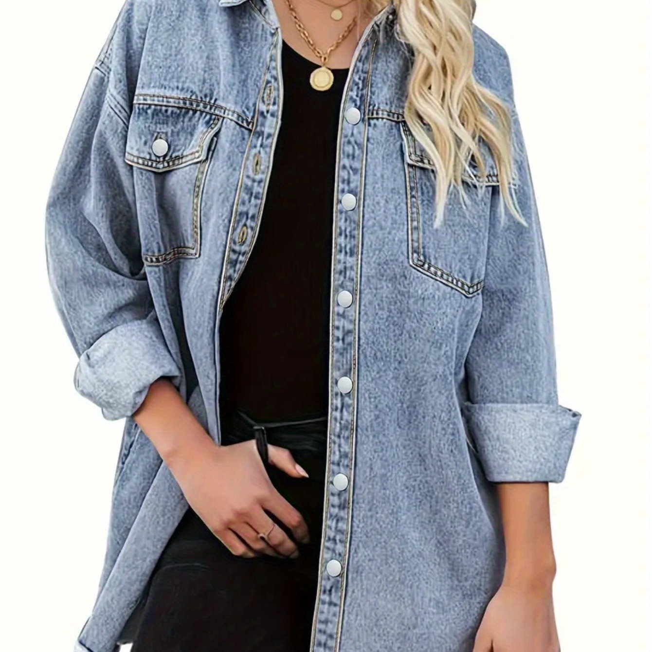 Image of Casual Long Sleeve Oversized Fashion Women's Denim Jacket, Distressed Jean Shirt For Fall Outfits In 2025