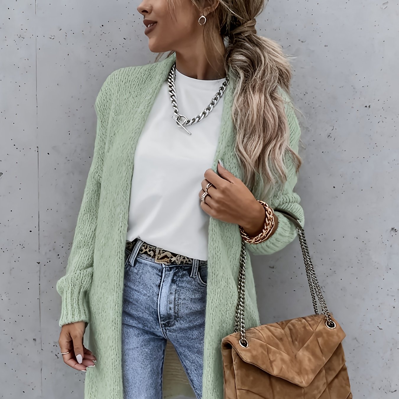 Women's Elegant Casual Long Cardigan Coat, Ribbed Solid Color Long Sleeve Sweater, Suitable For Spring Autumn