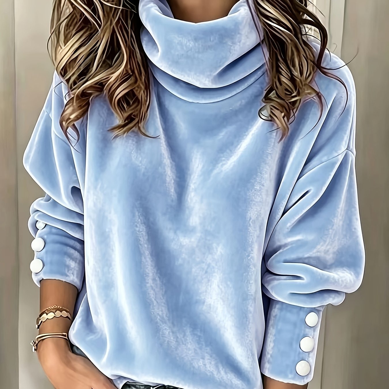 TEMU Women' Color Velvet Golden Long Sleeve Casual T-shirt For Autumn/winter