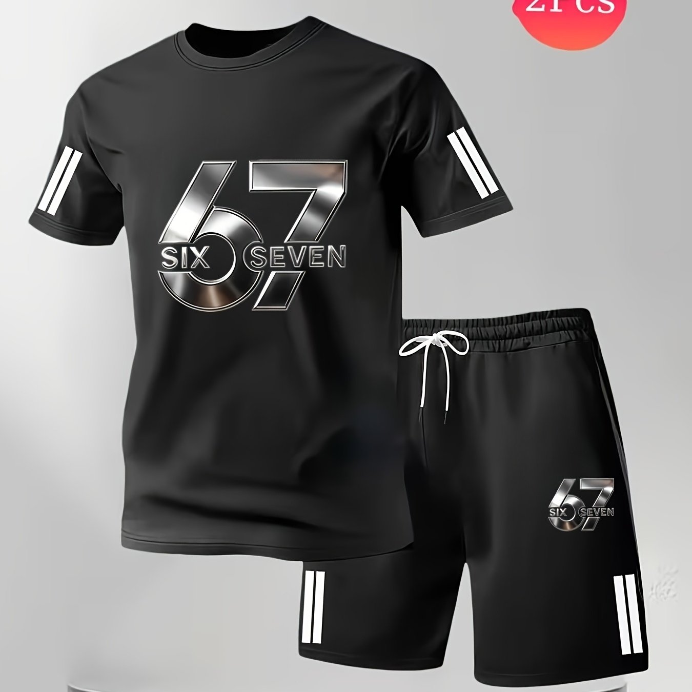 TEMU 2026 Summer Casual 67-pattern Striped Print Men's Set, Fashion Short-sleeve T-shirt And Shorts 2pcs Set