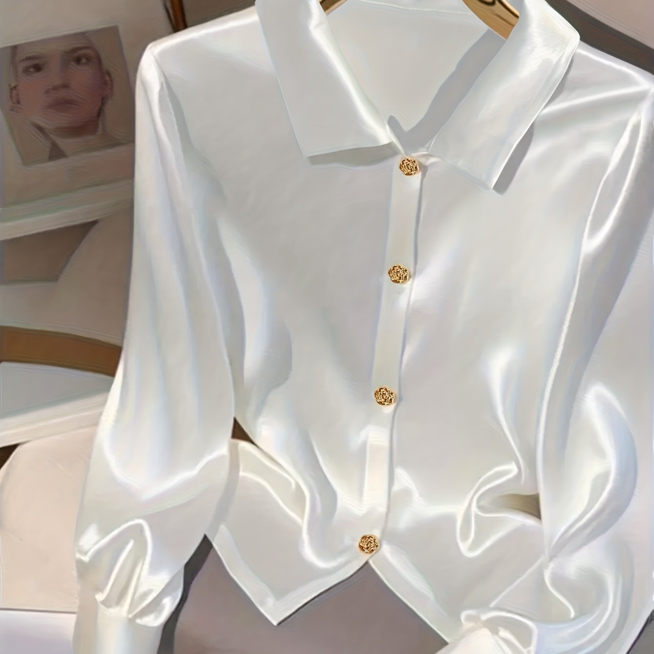 TEMU Camisa de larga para mujer, elegante, con cuello en V, flor floral premium, hebilla de metal, lujo , hombros cuadrados premium