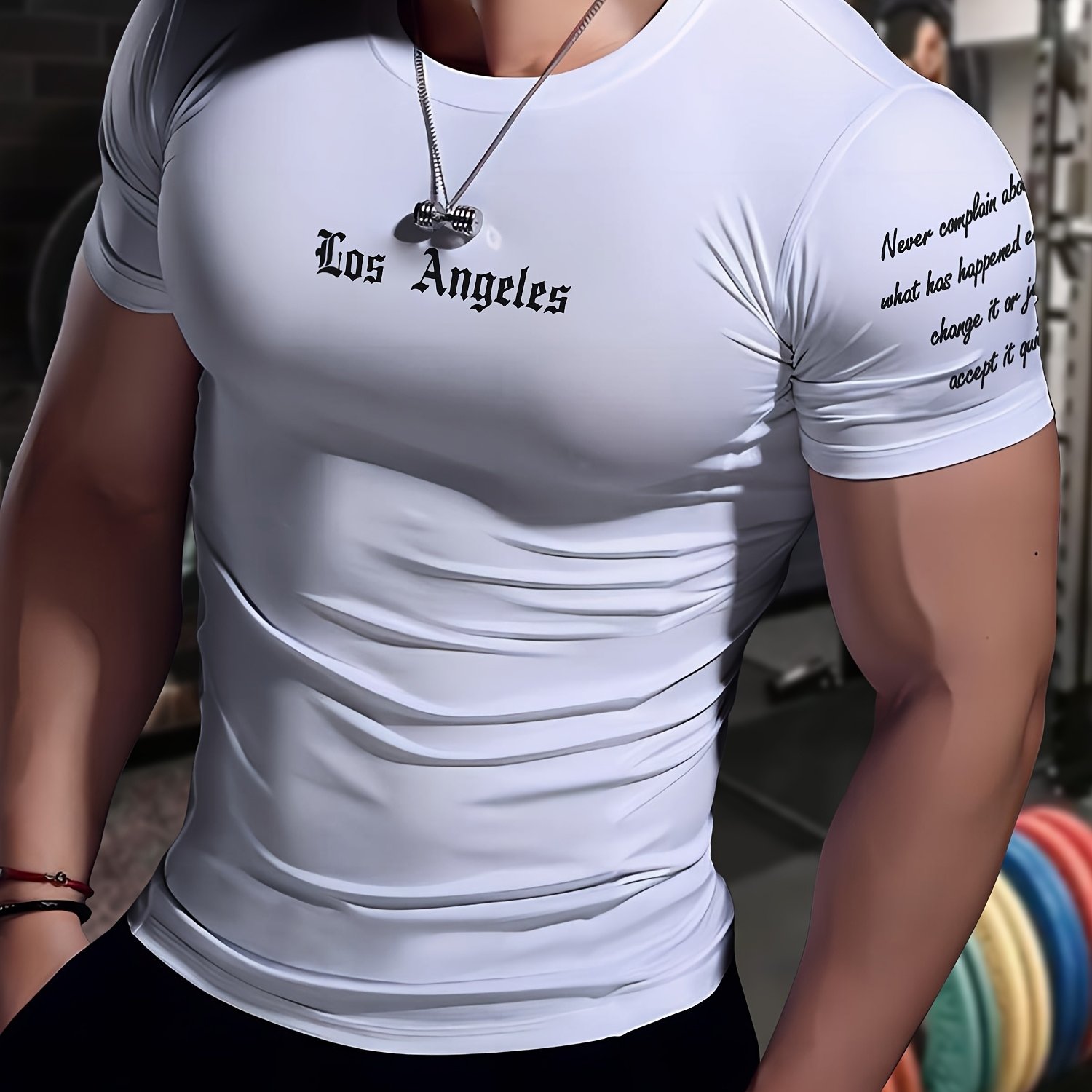 TEMU [printed Design - Not Textured] Men's Los Angeles Themed Short-sleeve Top, Slim Fit With Letter Print Design, Crew Neck Cut For A Body-hugging