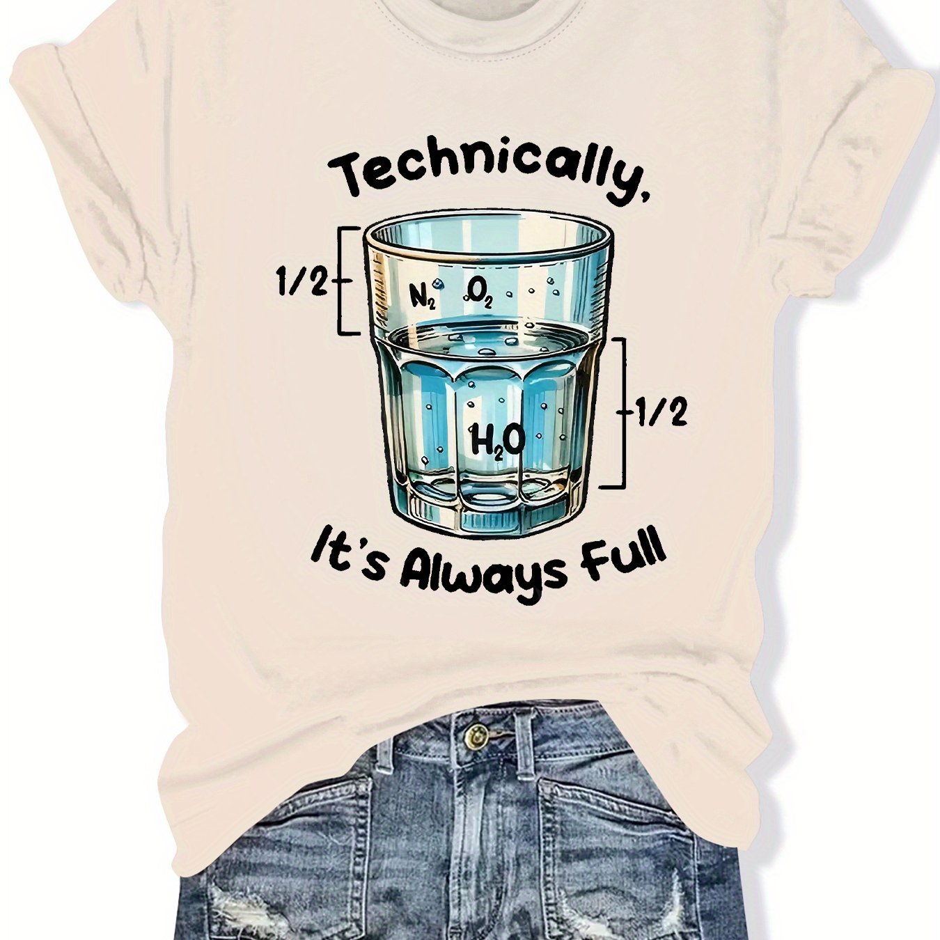 TEMU Women's "technically Full" Chemical Pattern T-shirt-scientific Theme Leisure Round Neck Design, Machine Washable Gray Summer Top.