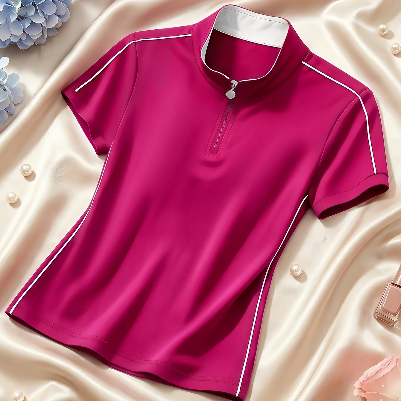 TEMU Women's Summer Half-zip Stand Collar Short Sleeve Shirt, Half-open Metal Zipper Contrast Color Thin Stripe Raglan Short Sleeve T-shirt, Smooth