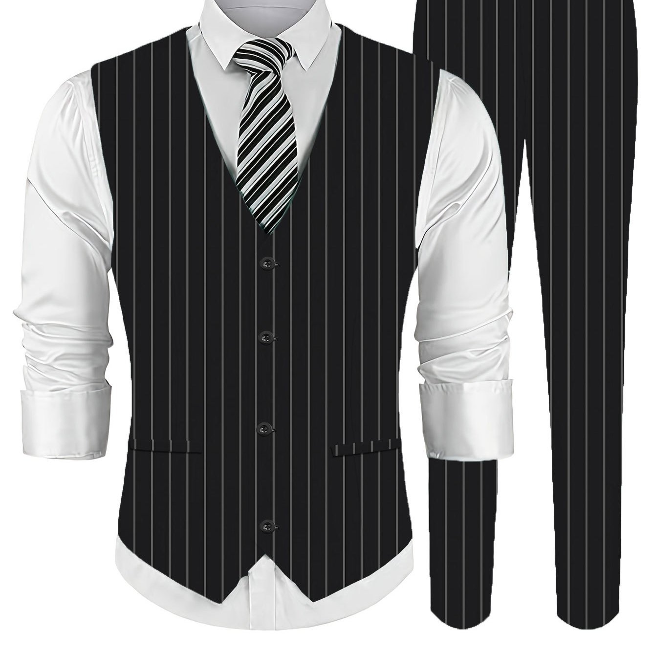 TEMU Men's Fashion 2pcs Vest   Trousers Set, Black Striped Pattern, Men's Vest Suit Set, Business Formal Printed Suit Vest And Pants Combo