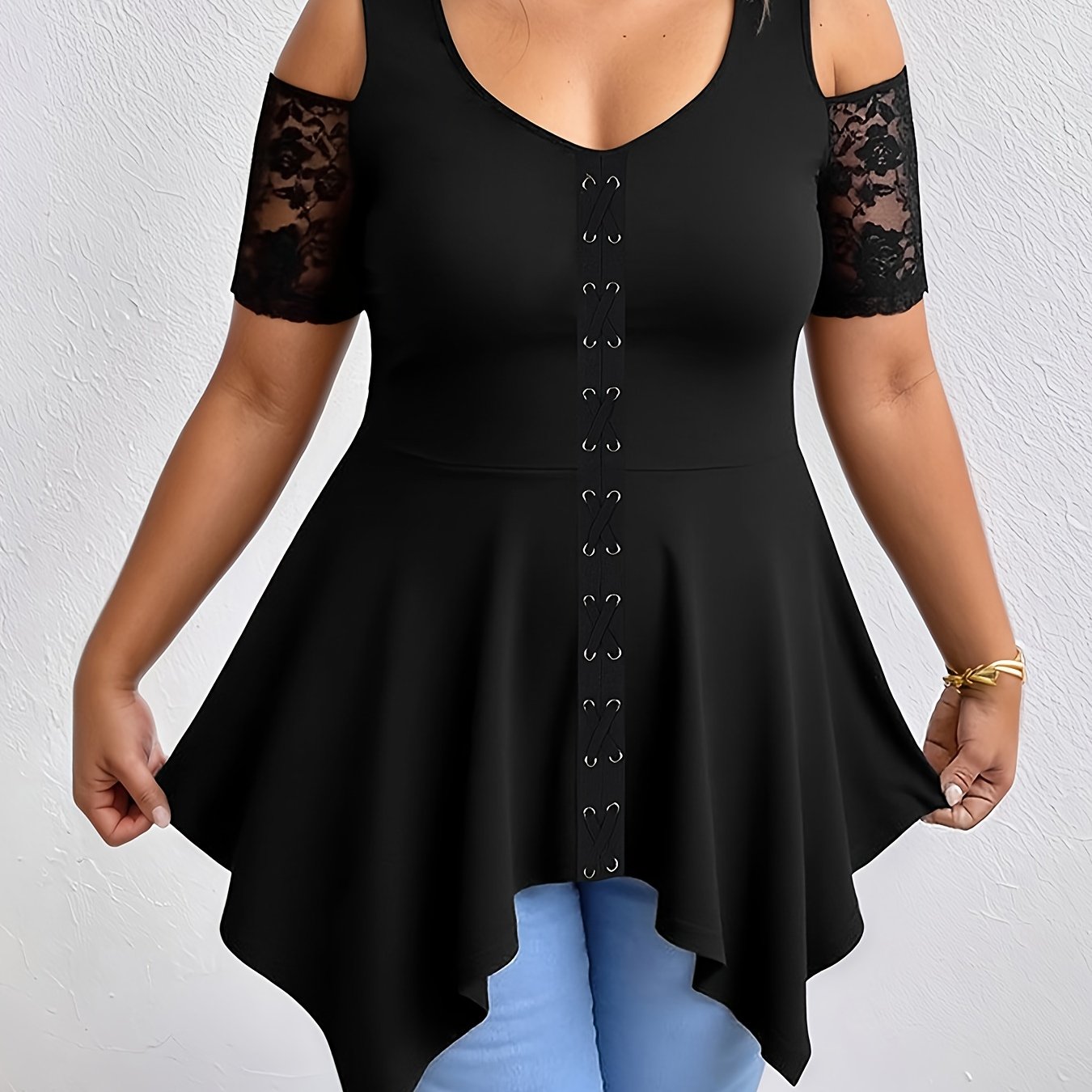 Image of Plus Size - Plus Size - Gothic Lace Tunic Tops For Plus-size Women - V-neck Long T-shirt Featuring An Asymmetrical Hem, Perfect For Casual Summer Wear