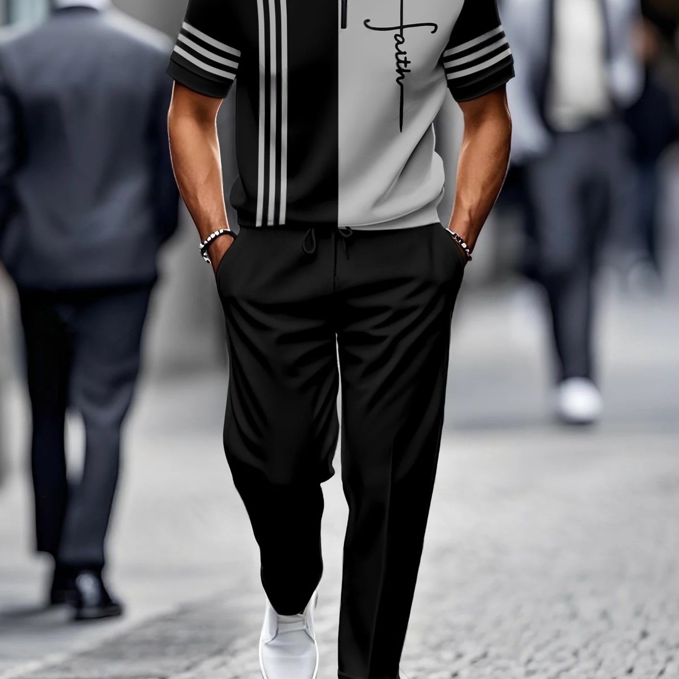 Image of Two-piece Set [new Summer] Men's Casual Fashion Loose Stand Collar Short Sleeve And Pants Set Sportswear - Stand Collar Half- And Pants